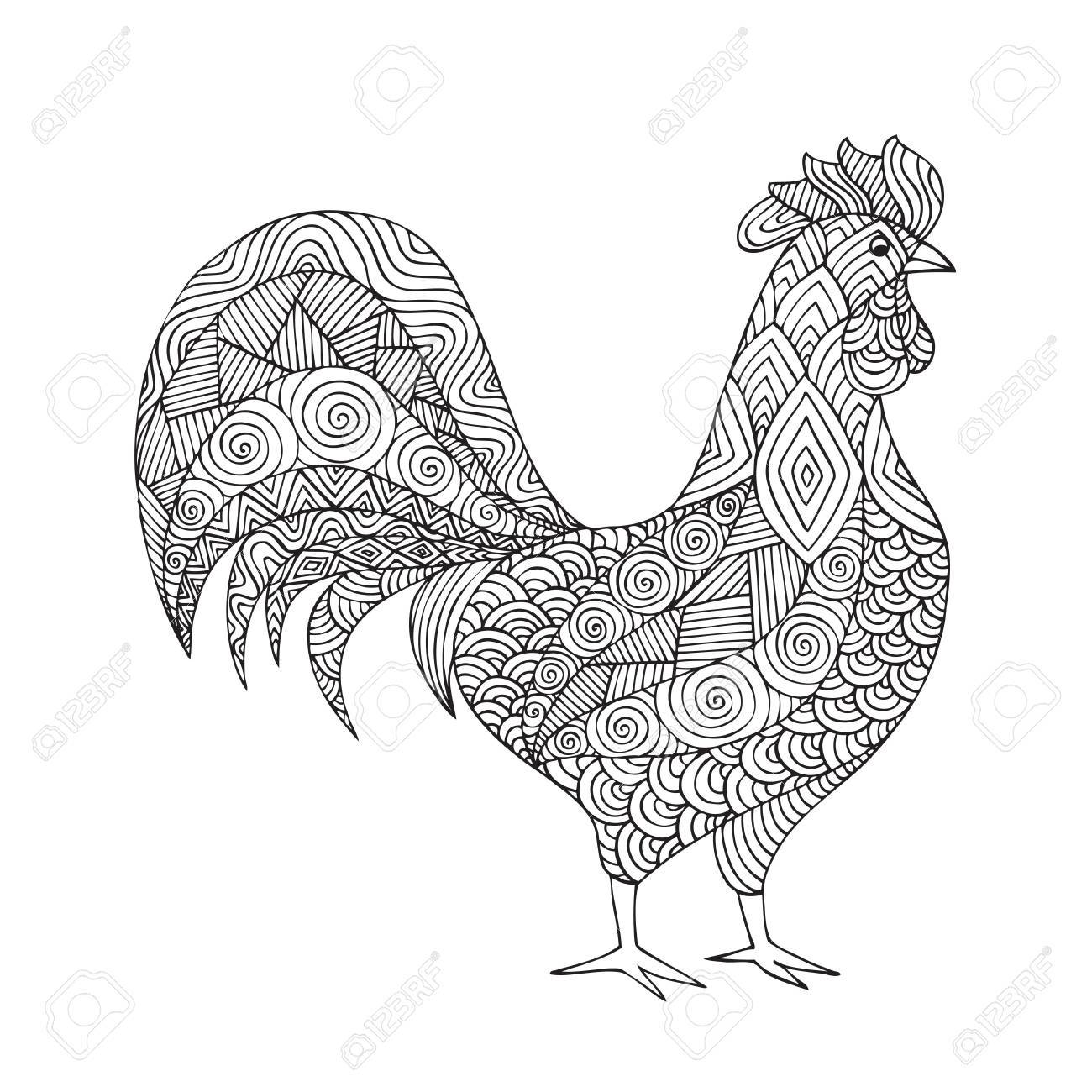 Adult coloring book page design with a picture of a rooster coloring book page for adult vector illustration in the style of zentangle doodle ethnic tribal designsymbol of the new year royalty
