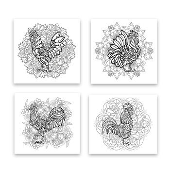 Zentangle rooster coloring activityrooster mandalafarm animalchicken cockhen