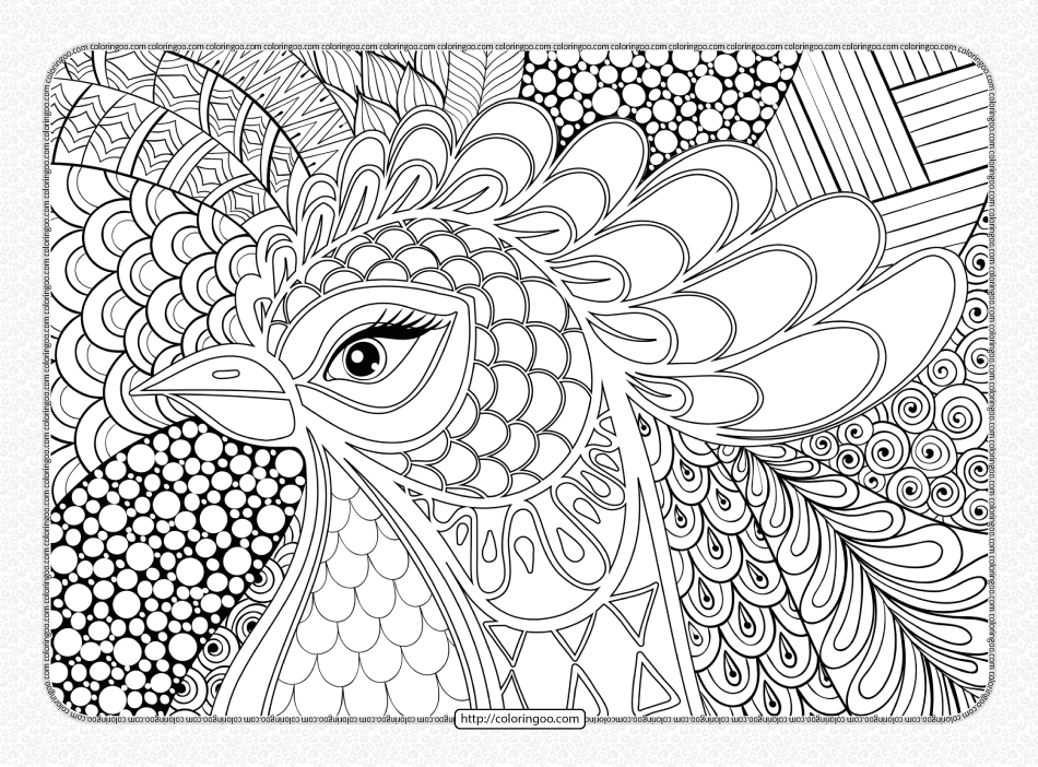 Zentangle rooster head coloring page for adults