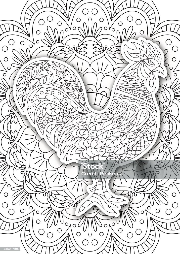 Printable coloring book page for adults rooster design activity stock illustration