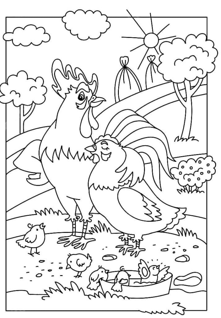 Rooster hen and chicks on the farm coloring page