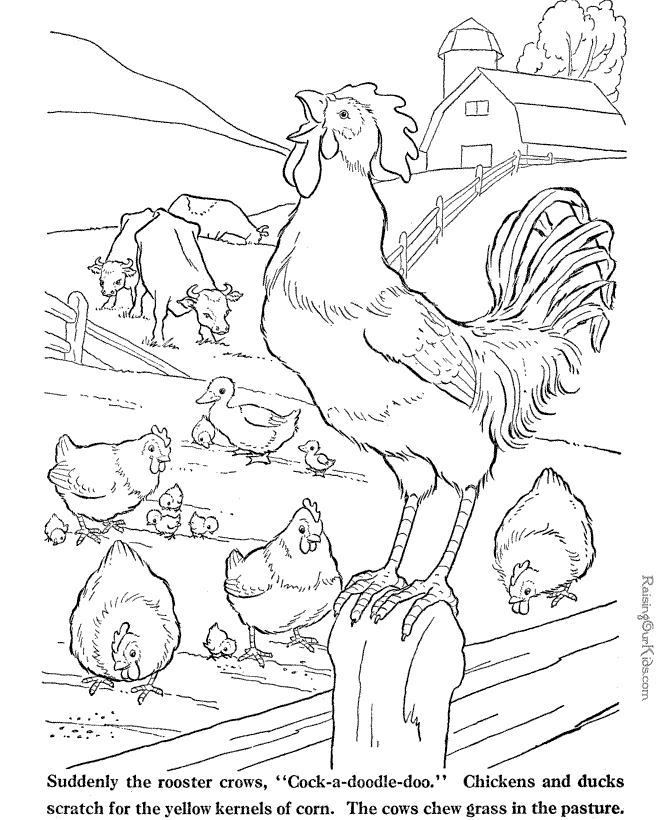 Rooster crowing farm animal coloring page