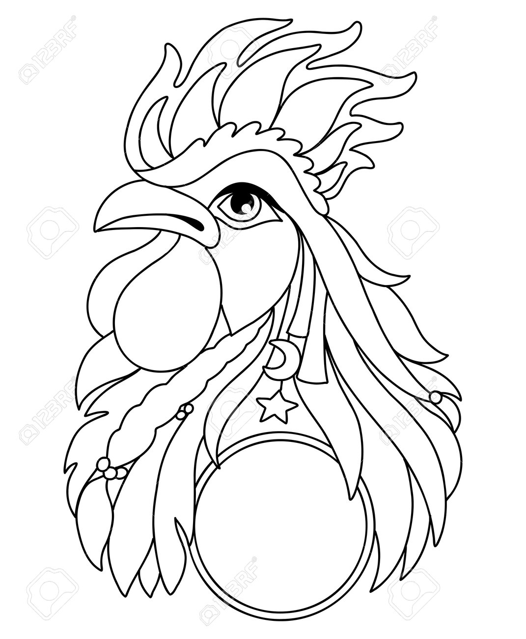 Rooster head tangle design hand drawn doodle vector illustration template with simple shapes to create a plex decorative coloring exotic bird front view for coloring page tattoo print puzzle royalty free svg
