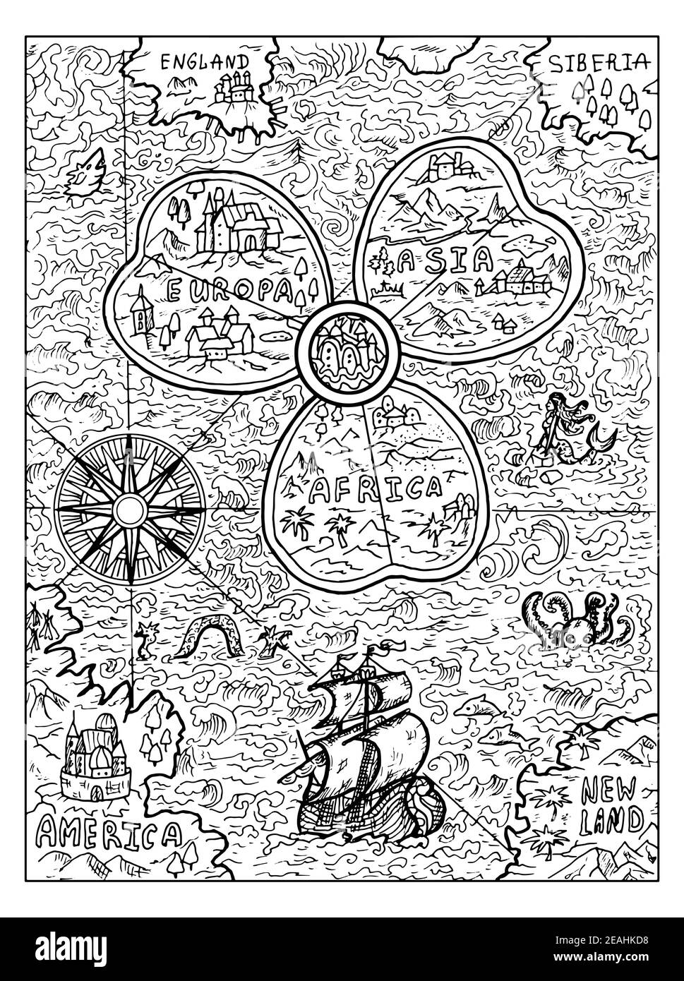 Ilustraciãn marina en blanco y negro del viejo mapa del mundo con rosa de viento y velero o barco dibujos nãuticos vectorial concepto de aventura coloraciãn imagen vector de stock