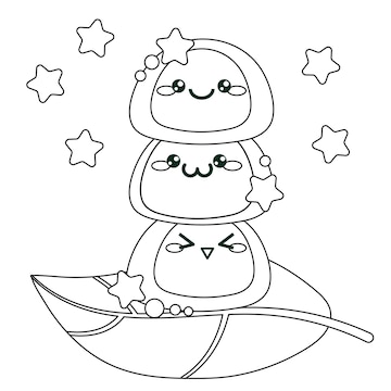 Premium vector traditional japanese sweets cute mochi on a leaf coloring page