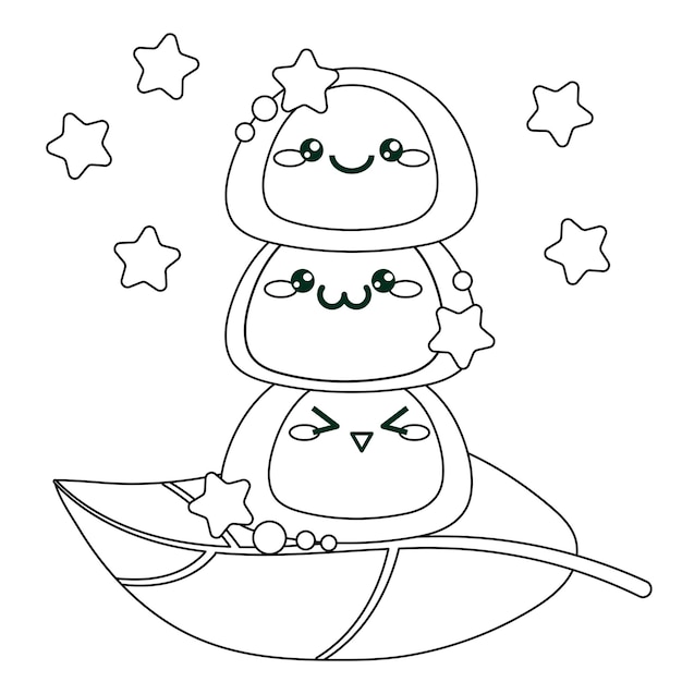 Premium vector traditional japanese sweets cute mochi on a leaf coloring page