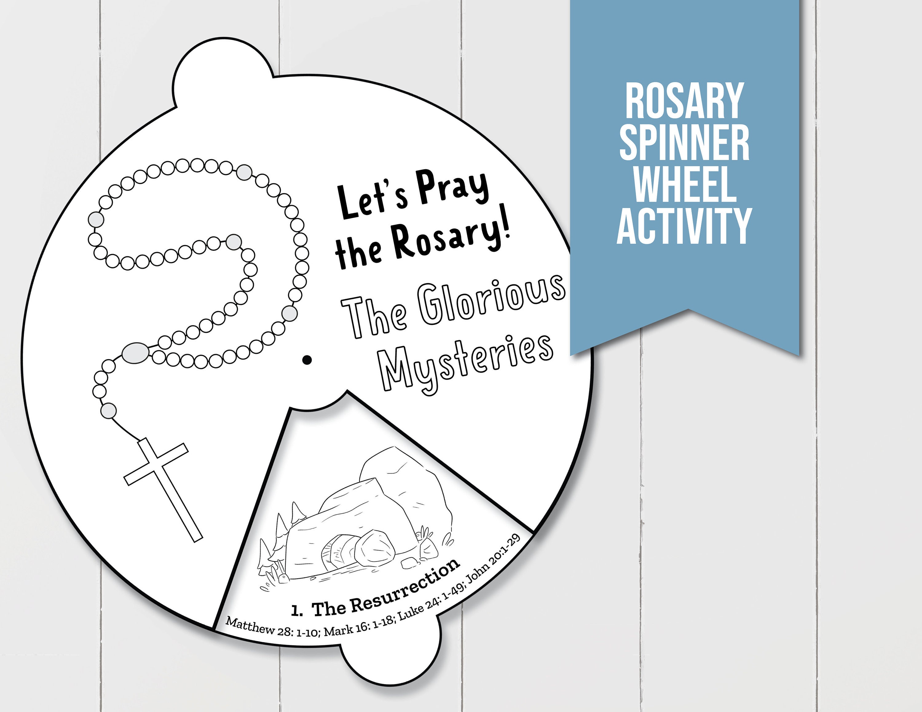 Learning the rosary printable featuring the glorious mysteries in a spinner wheel perfect sunday school activity christian coloring page