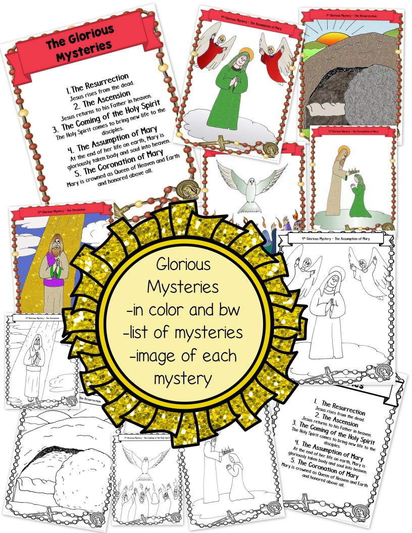 Mysteries of the rosary posters and coloring pages made by teachers