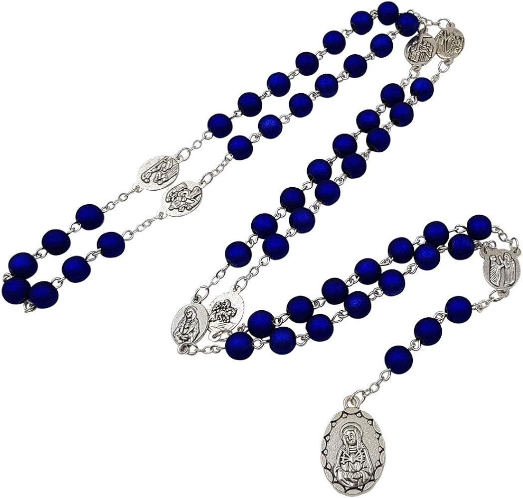 Talismanu seven sorrows of mary rosary chaplet deep blue acrylic beads catholic jewelry necklace for women with rosary box clothing shoes jewelry