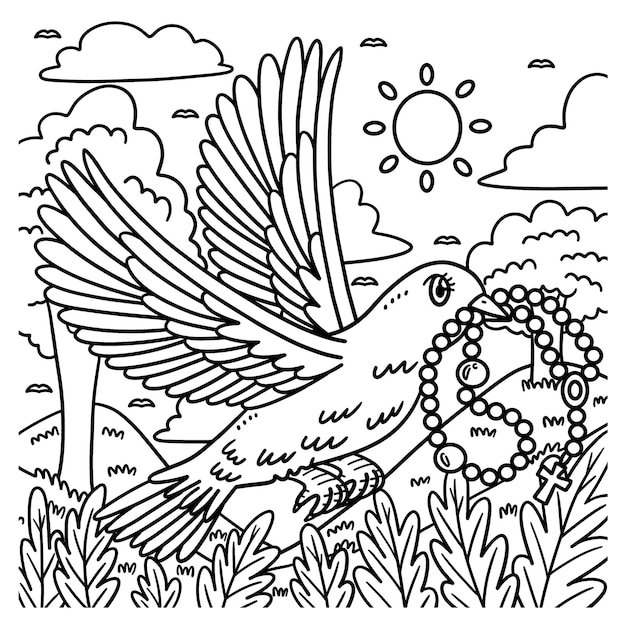 Premium vector christian dove with rosary coloring page for kids