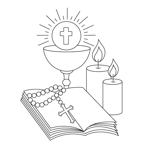 Premium vector holy bible coloring page christian holy bible book with chalice and rosary vector illustration