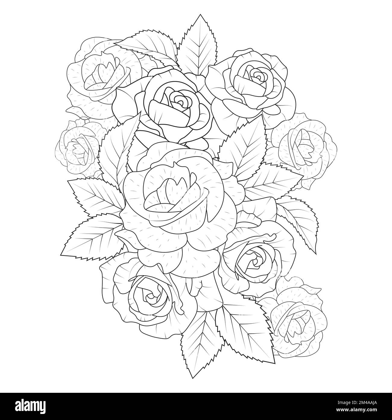 Adult coloring book page of pink rose illustration with leaves and pencil sketch drawing stock vector image art