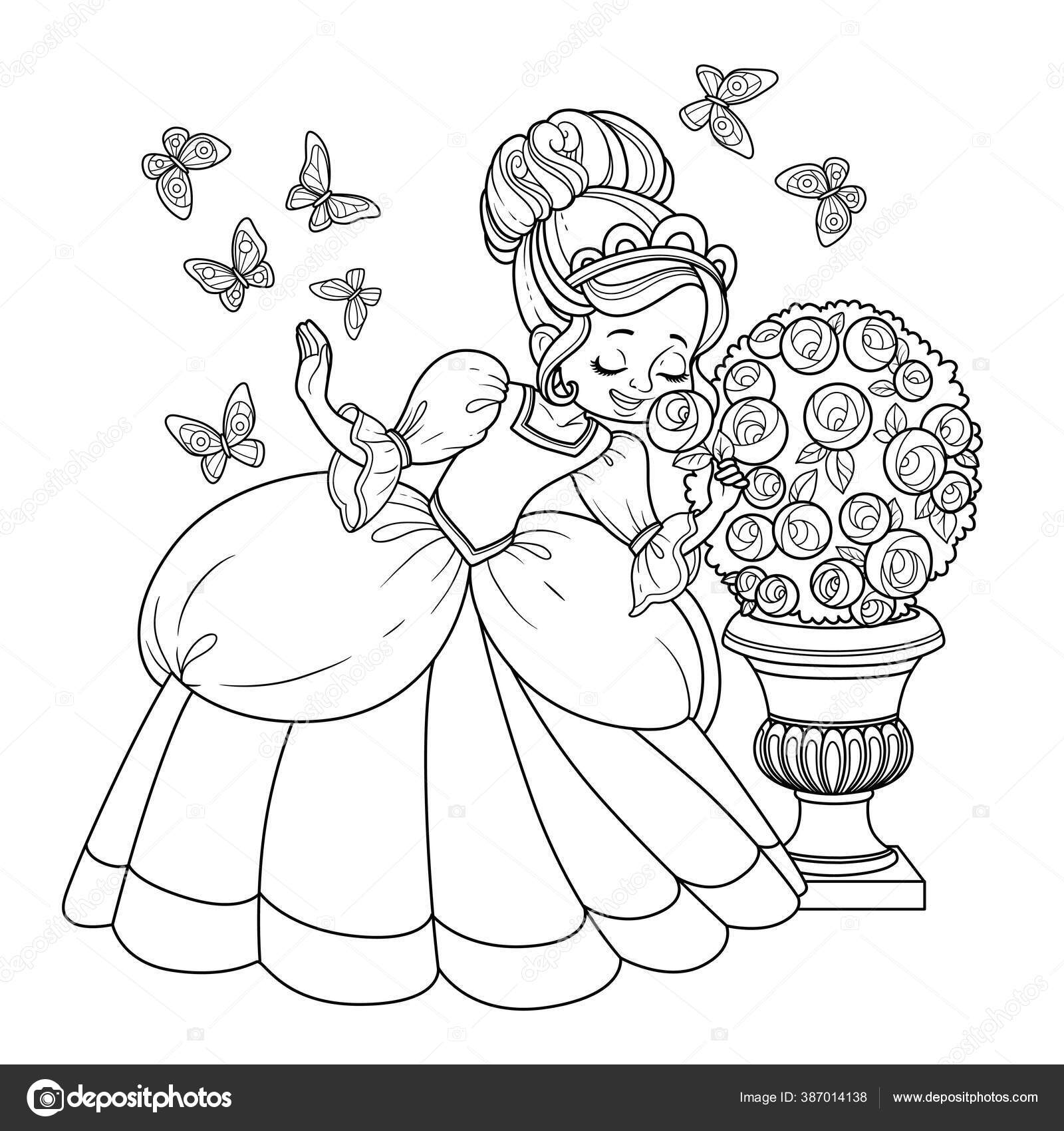 Beautiful princess sniffs rose flower butterflies flutter outlined coloring book stock vector by yadviga