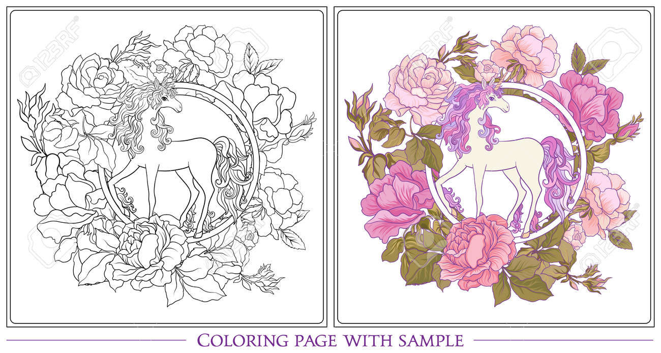 Poster with the unicorn a bouquet of roses and butterflies on white background outline drawing coloring page with colored sample coloring book for adult stock vector royalty free svg cliparts vectors and
