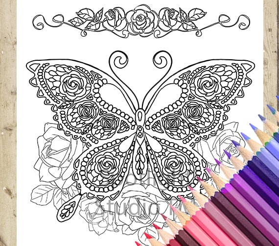 Butterfly adult coloring page fantasy rose butterfly printable coloring page adult coloring book page drawing adult coloring page download