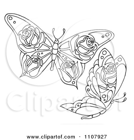 Clipart black and white butterflies with rose patterns