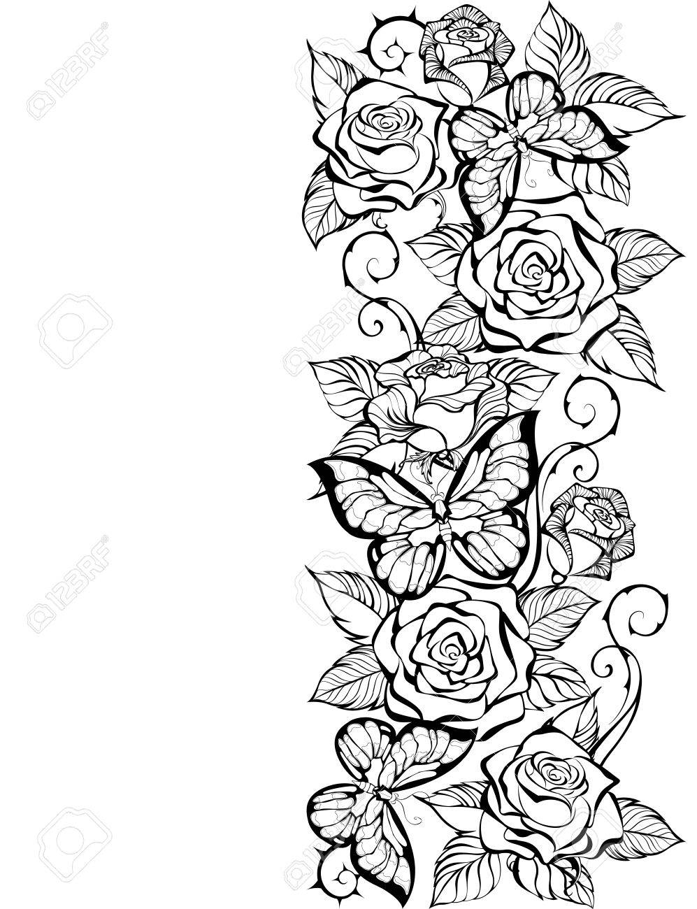 Border of the contour of roses and butterflies on a white background coloring book design with roses and butterflies royalty free svg cliparts vectors and stock illustration image