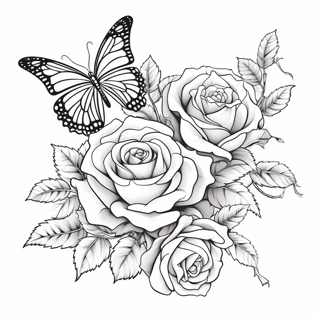 Premium ai image monochrome delights butterfly and roses coloring page with thick crisp lines