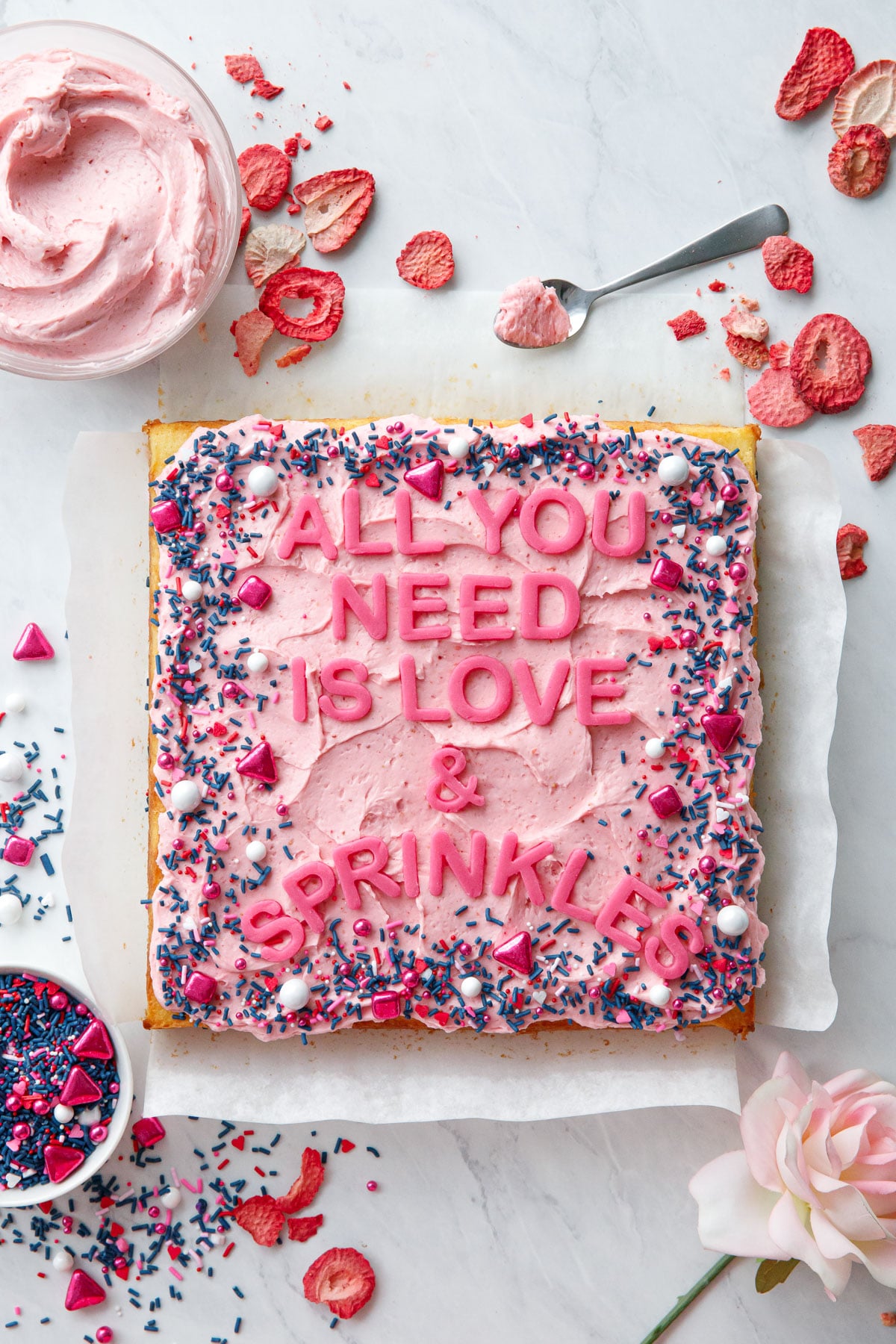 Yellow sheet cake with strawberry rose buttercream love and olive oil