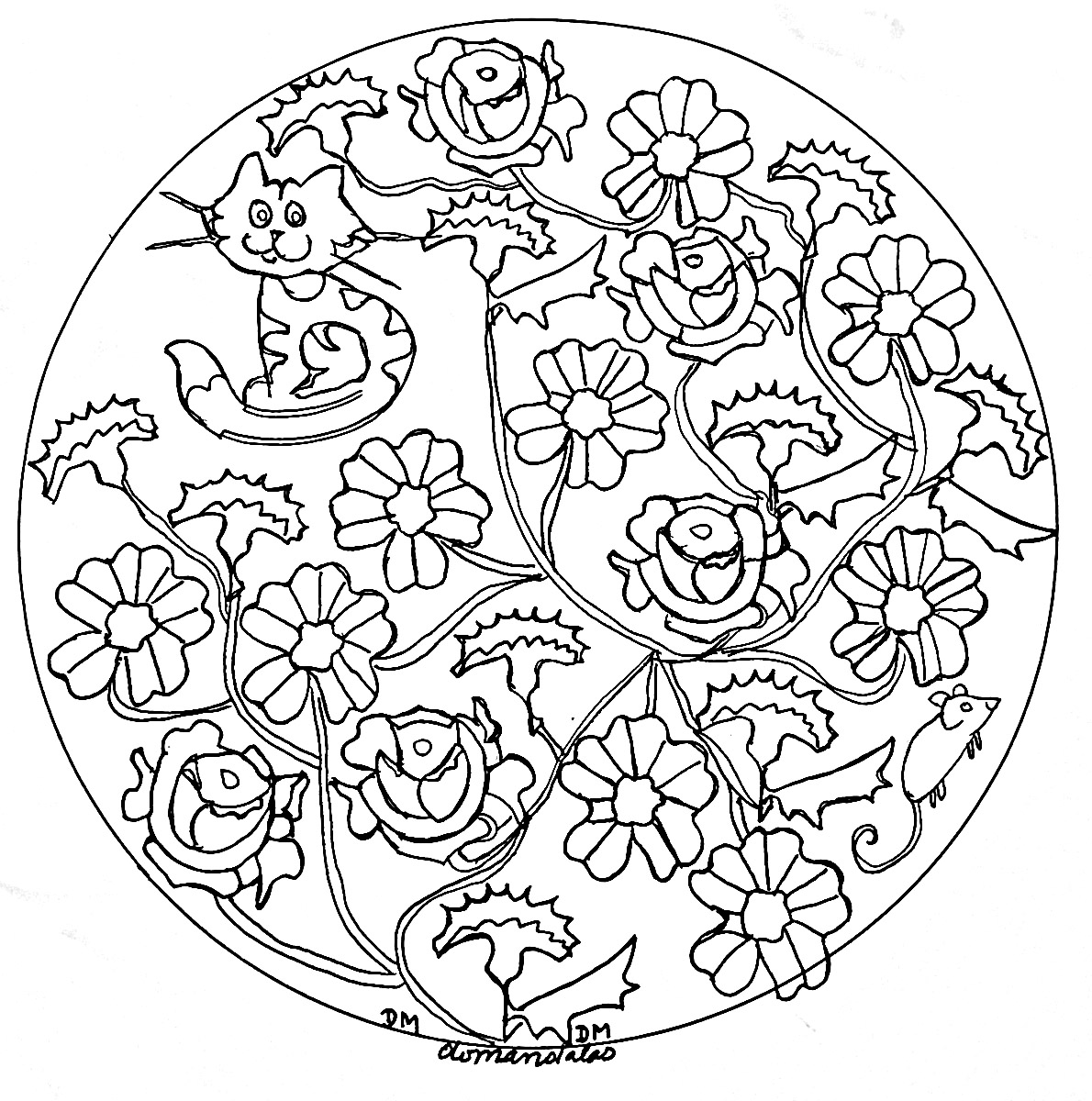 Rose and cute cat mandala