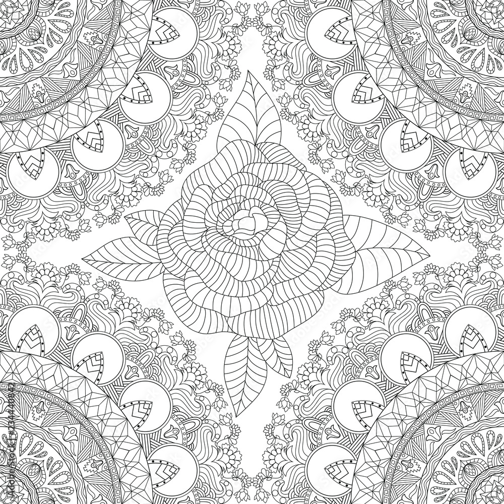 Vector seamless mandala pattern mandala design with flowers leaves waves geometric elements and hand drawn rose repeating ethnic print black mandala oriental motives mandala coloring page vector
