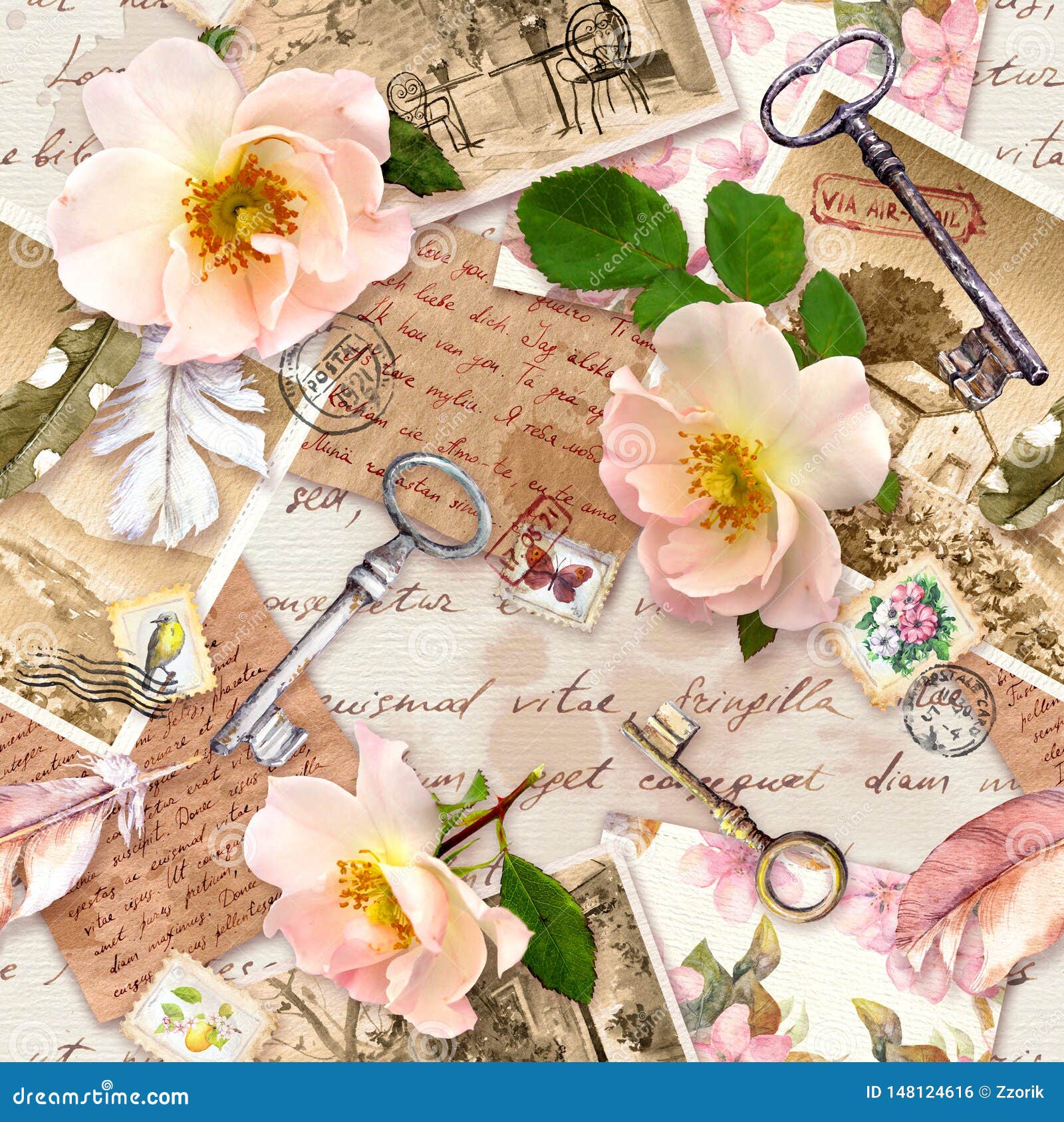 Vintage old pages with handwritten notes photos post stamps watercolor feathers keys rose flowers for scrapbooking stock photo