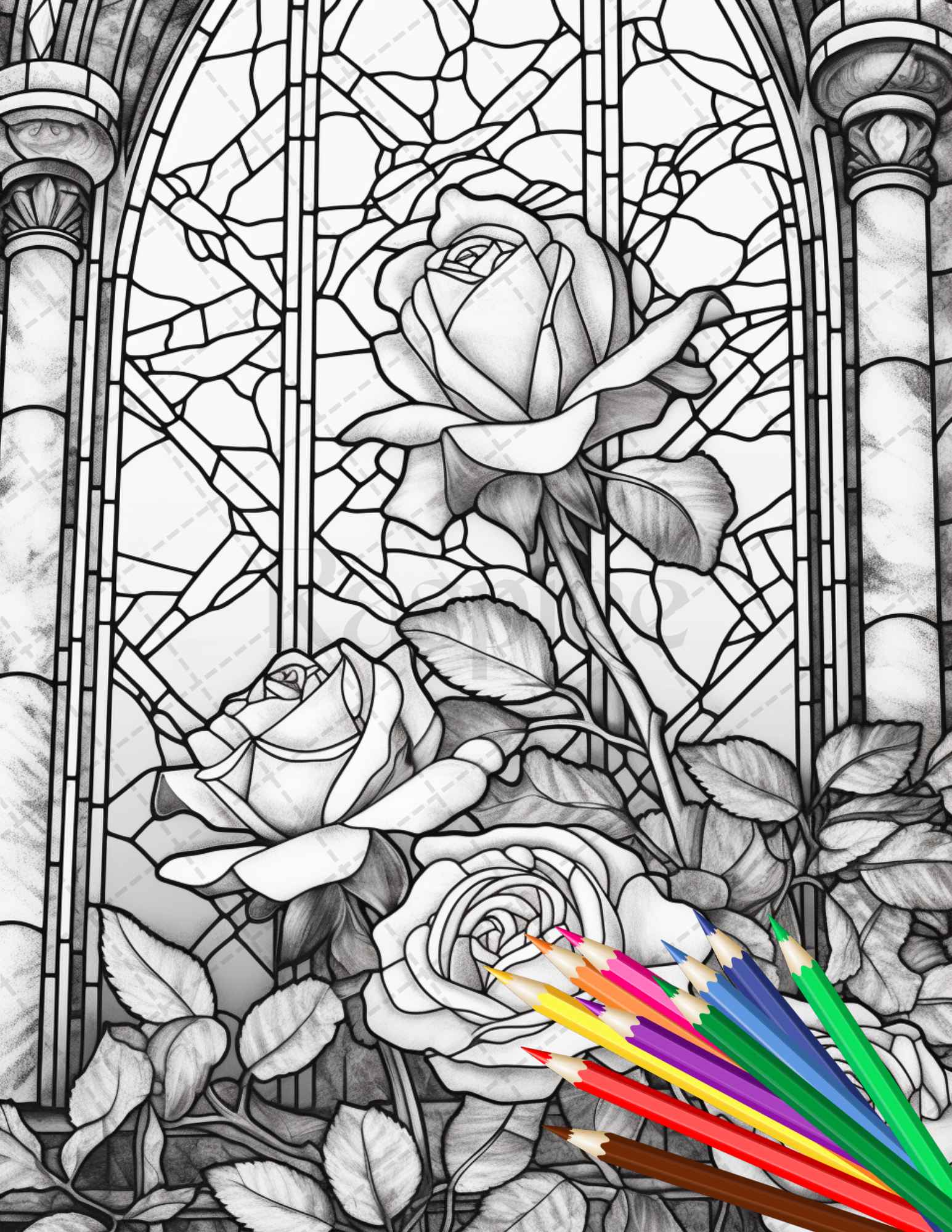 Stained glass flowers grayscale coloring pages printable for adults â coloring