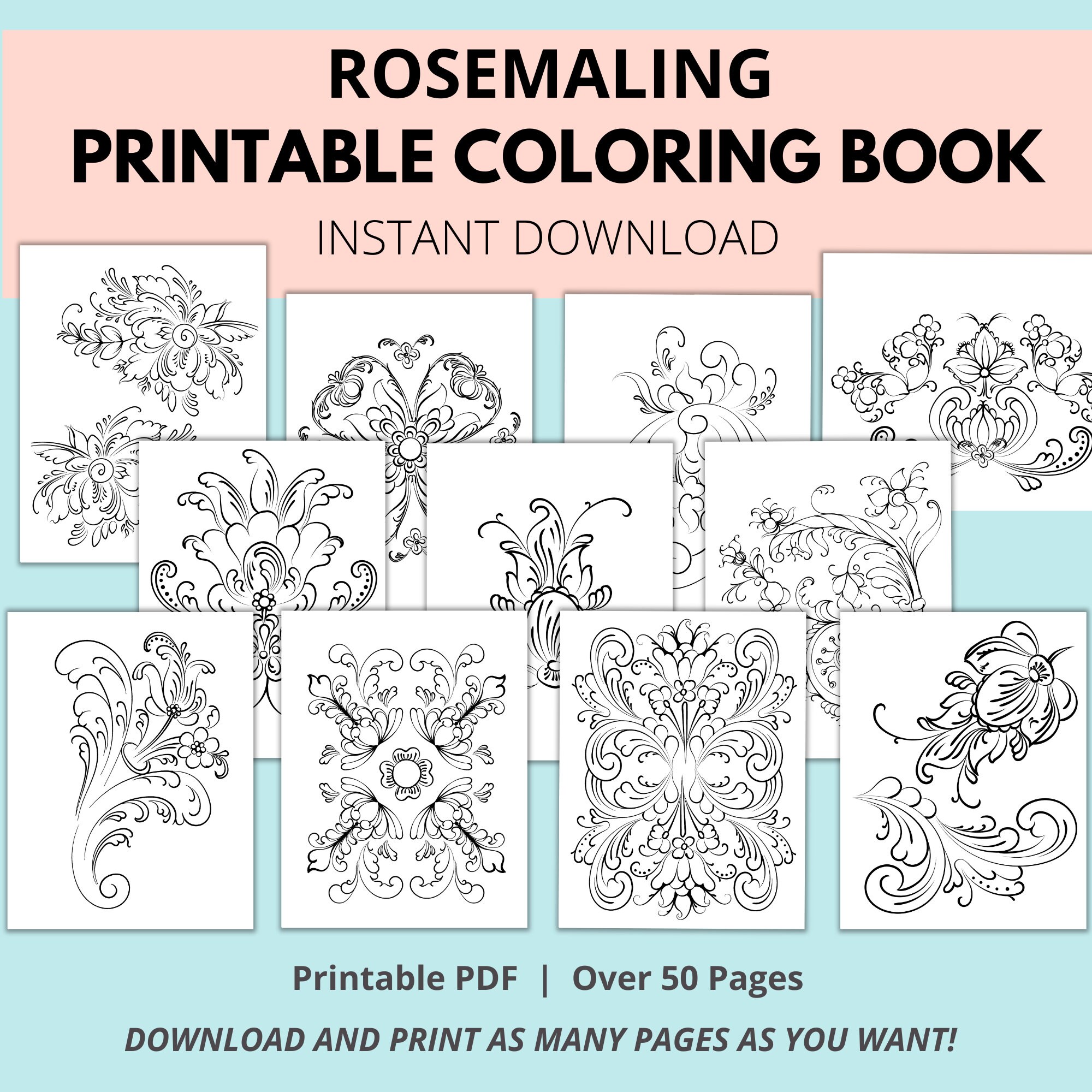Rosemaling printable digital download coloring book rosemaling patterns norwegian rosemaling art scandinavian folk art rosemaling design