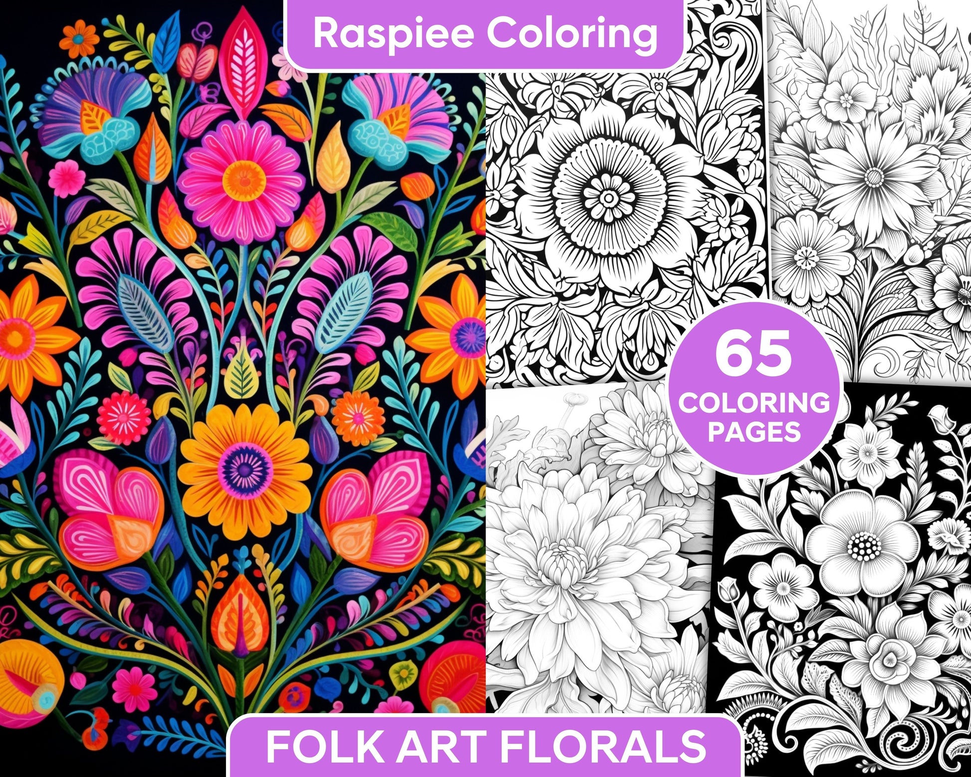 Folk art florals grayscale adult coloring pages printable pdf inst â coloring