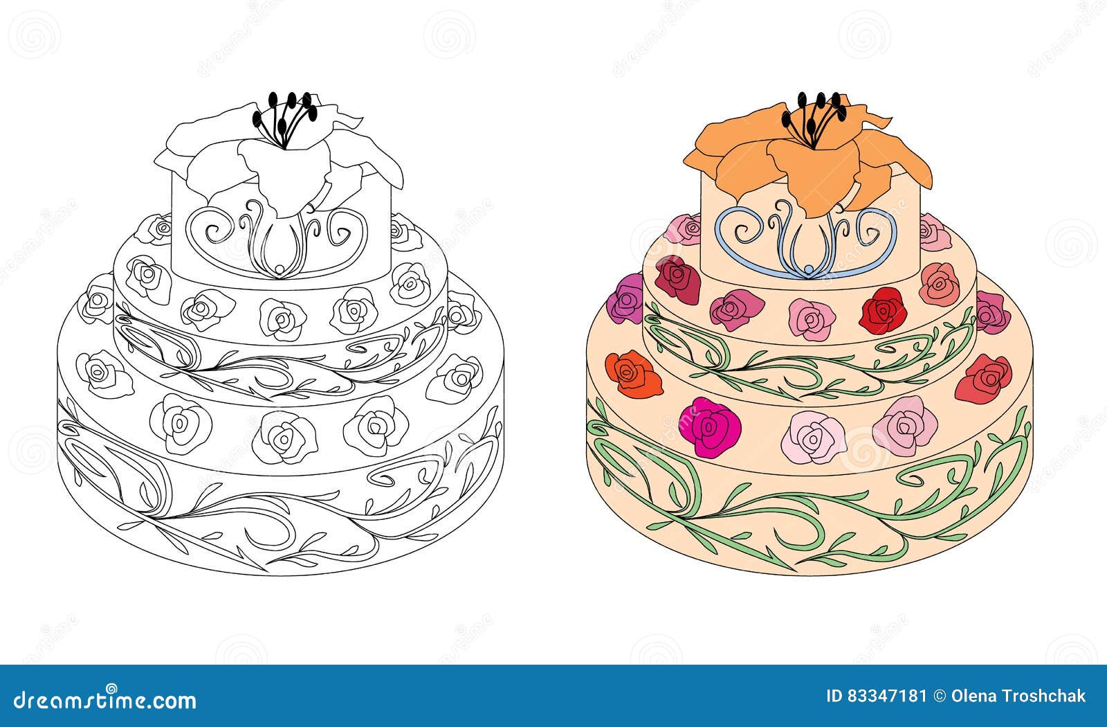 Sweet birthday cake with roses and lily stock vector
