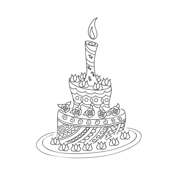 Outline doodle cake with roses and candle stock illustration