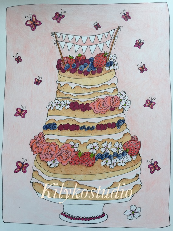 Strawberry cake adult coloring page diy art instant digital download roses