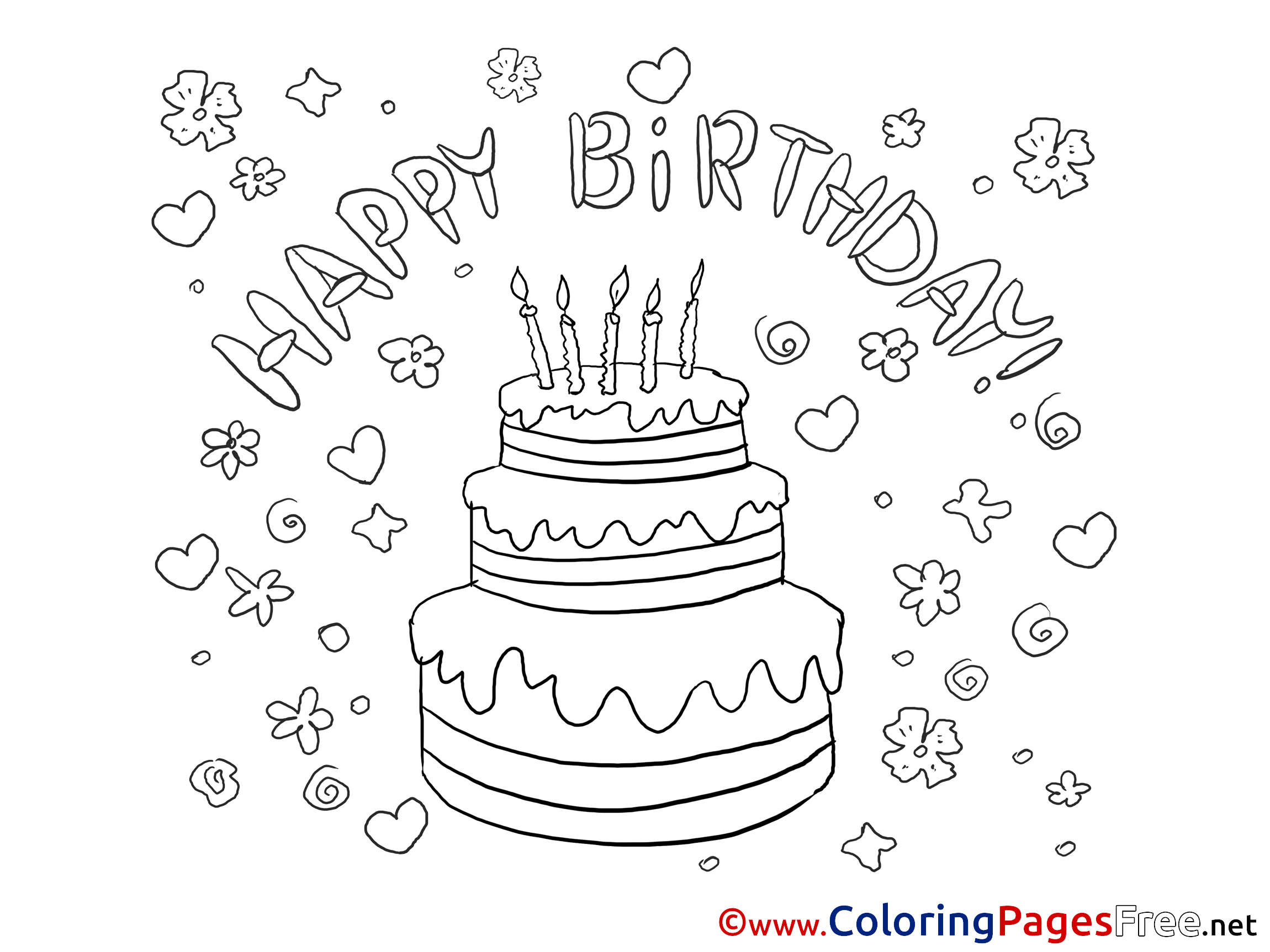 Flowers cake printable happy birthday coloring sheets
