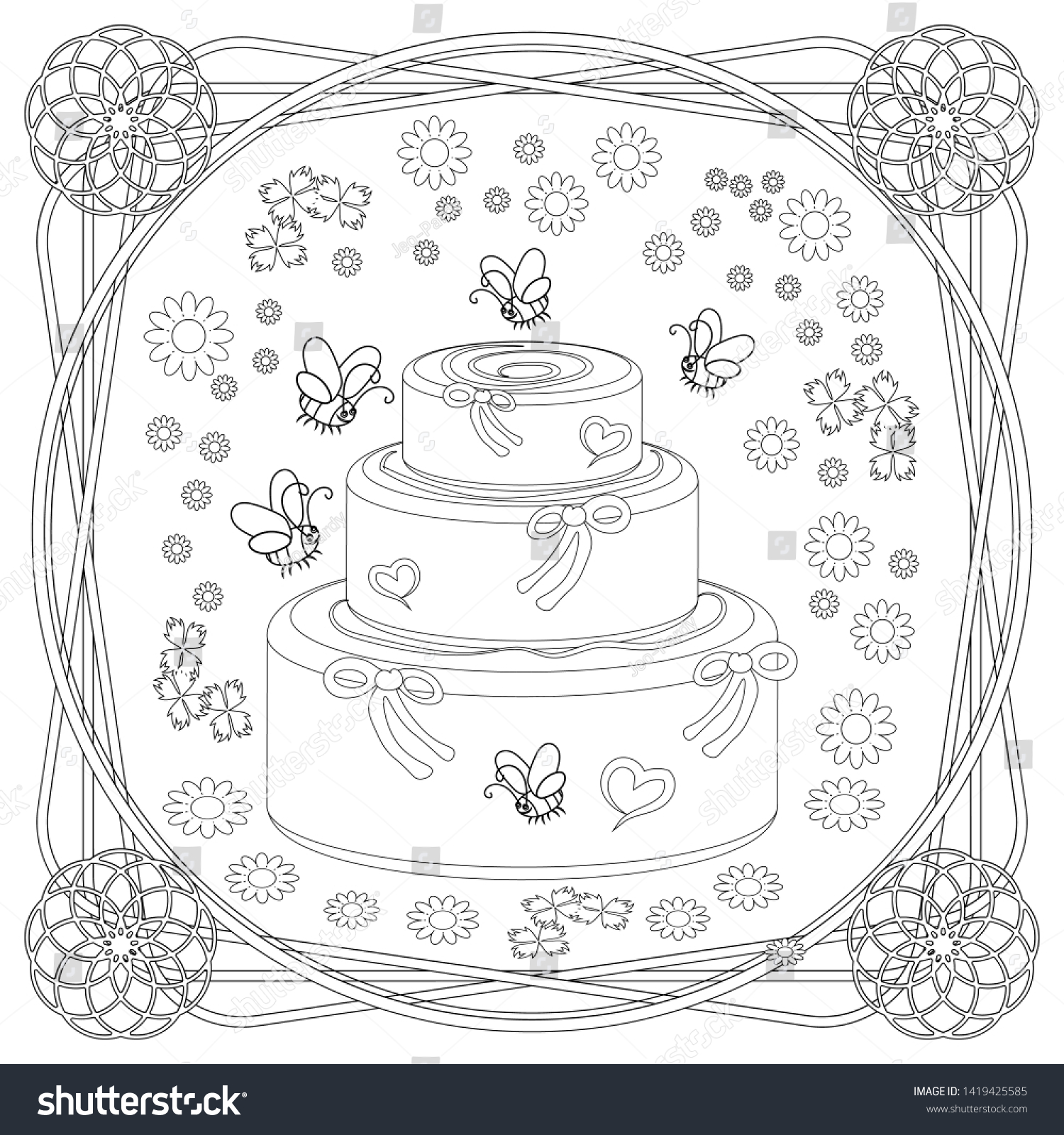 Childrens picture coloring huge birthday cake stock illustration