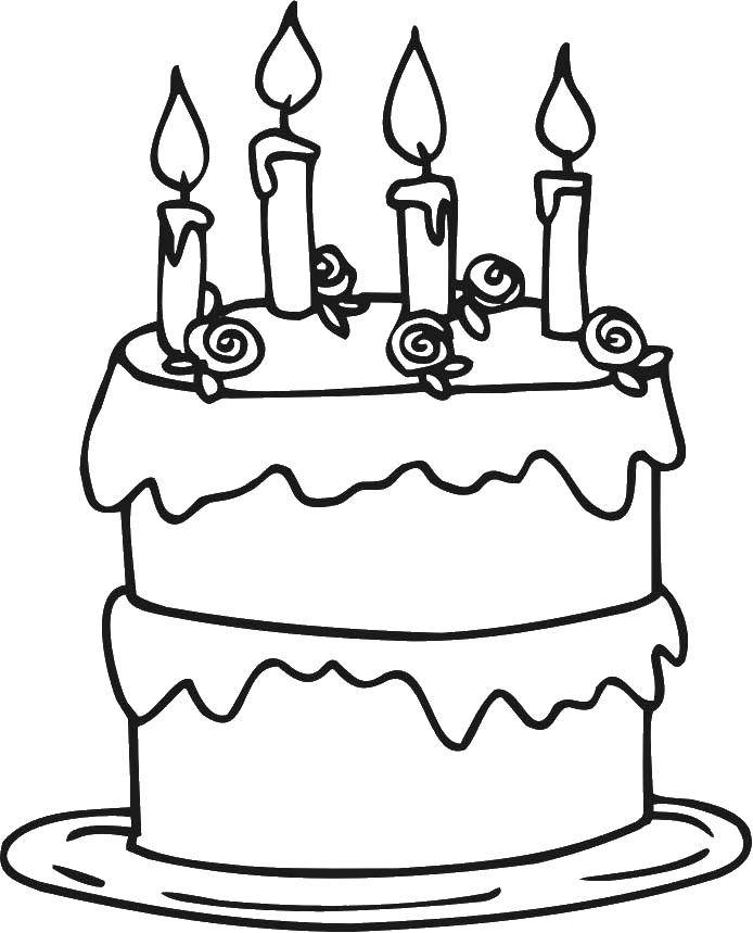 Online coloring pages coloring page cake with roses and candles cakes download print coloring page