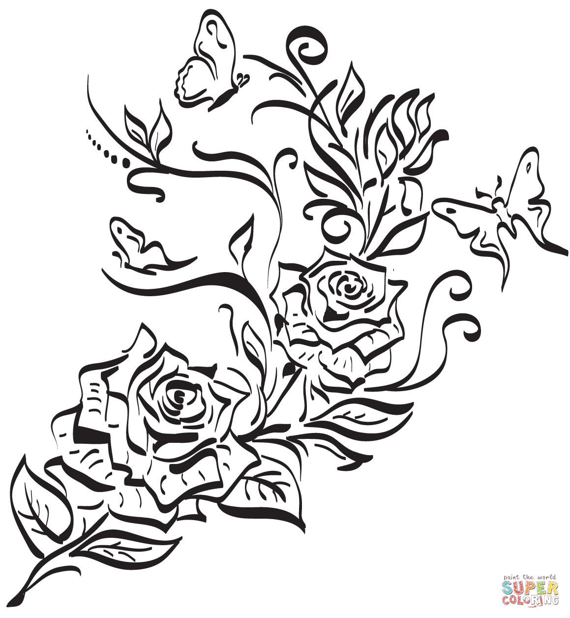 Butterflies and roses coloring page free printable coloring pages
