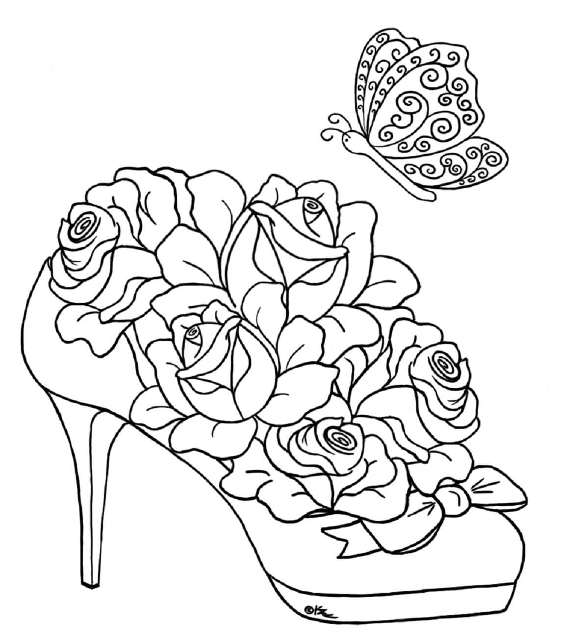 Roses in shoe with butterfly mandala coloring page
