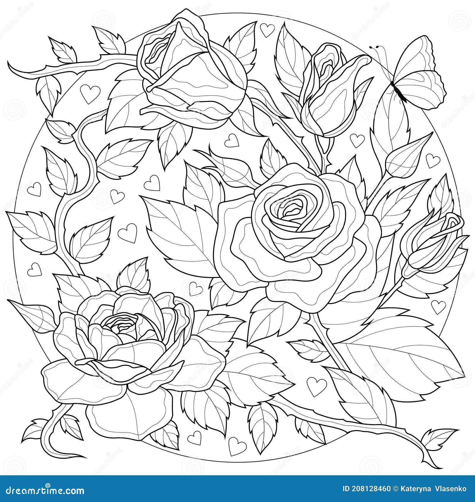 Rose flowers with butterflycoloring book antistress for children and adults stock vector