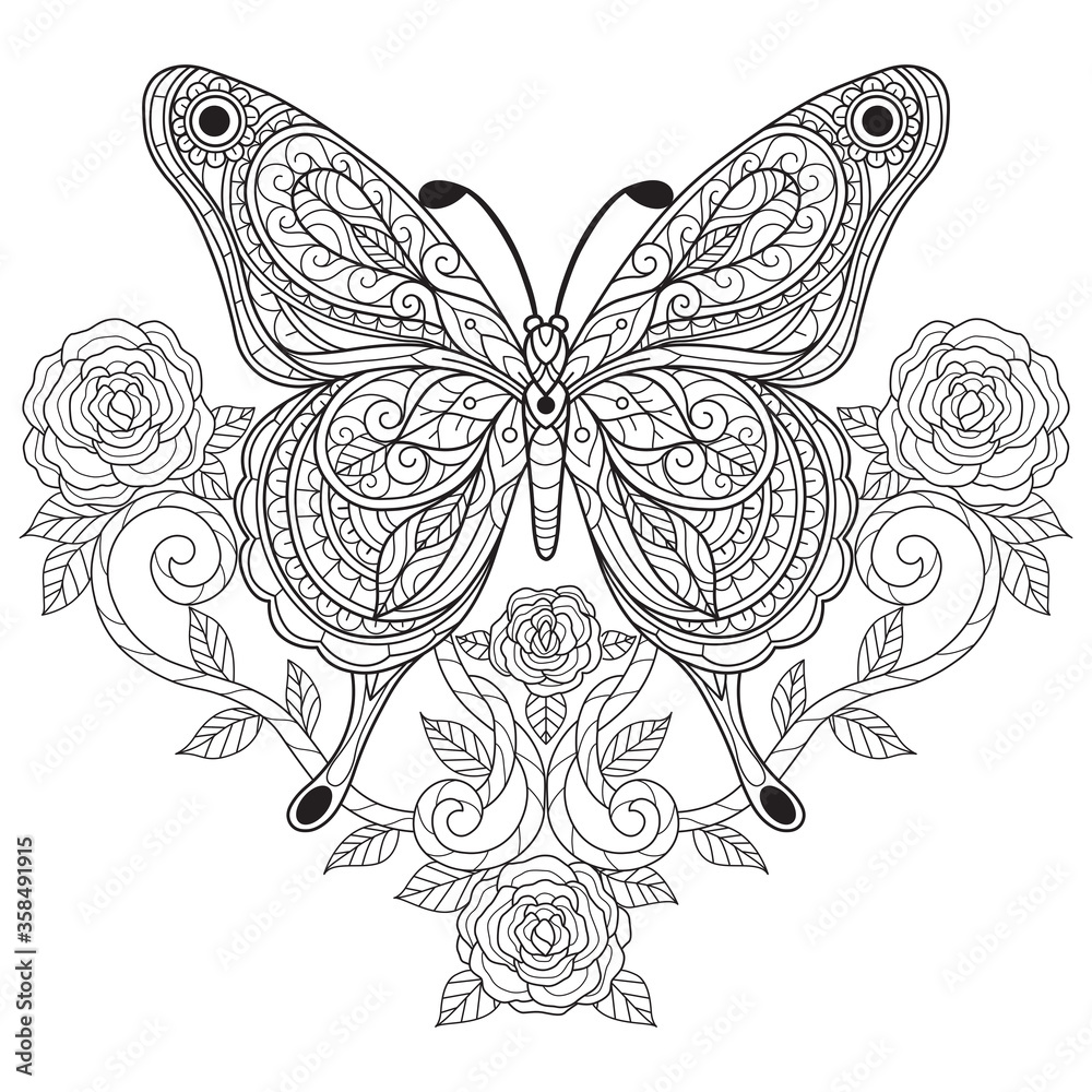 Butterfly with rose hand drawn sketch illustration for adult coloring book vector