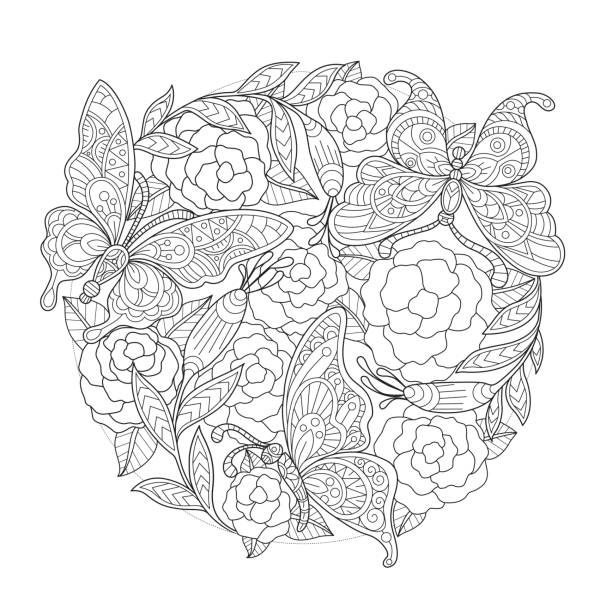 Hand drawn butterfly and rose background for adult coloring page stock illustration