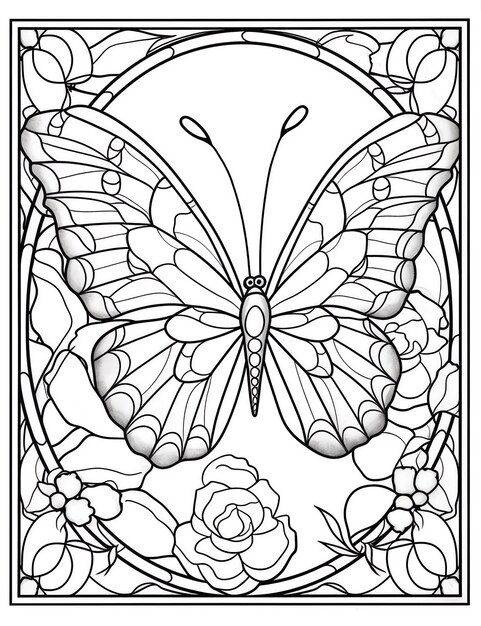 Premium ai image a butterfly and roses coloring page