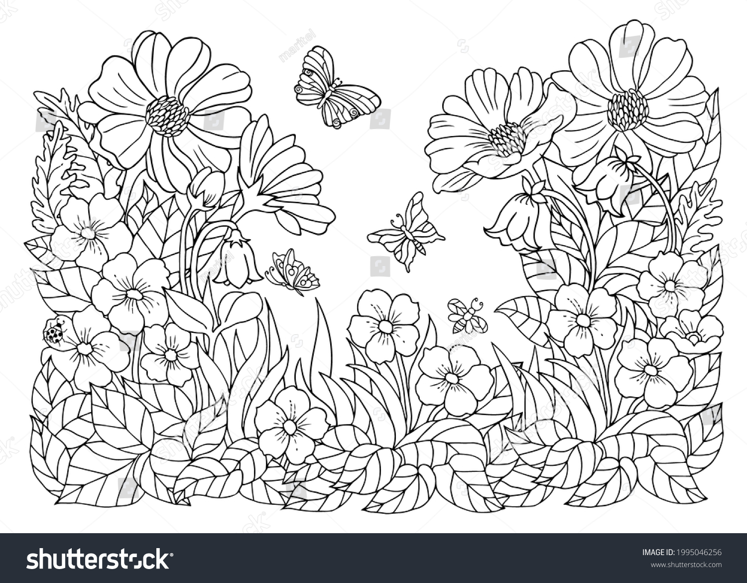 Illustration glade flowers butterflies coloring book stock illustration