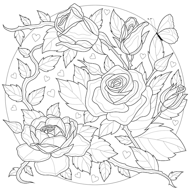 Premium vector rose flowers with butterflycoloring book antistress for children and adults illustration isolated on white backgroundzen