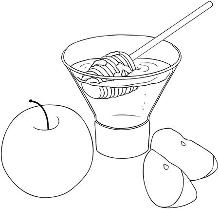 Vector illustration coloring page of honey and apple for rosh hashanah the jewish new year