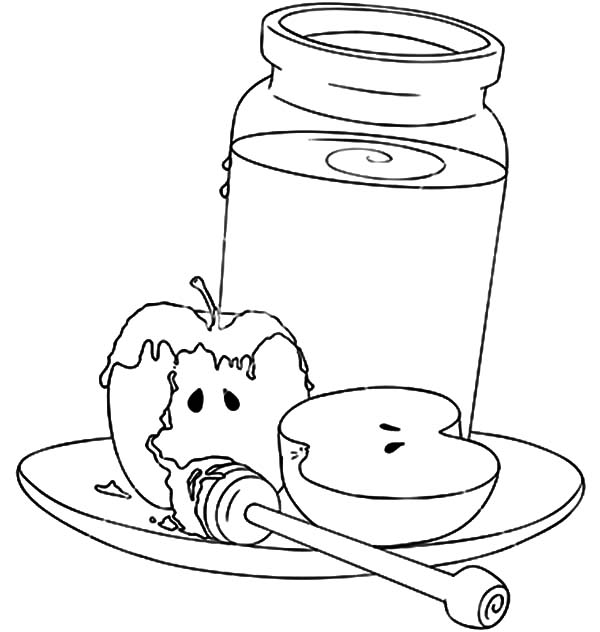 Rosh hashanah honey jar and apples coloring page bulk color