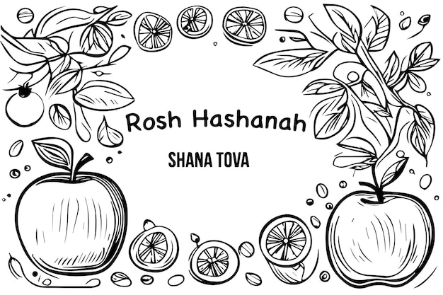 Premium vector rosh hashanah card design with apple honey pomegranate on colored background in doodle style sketch
