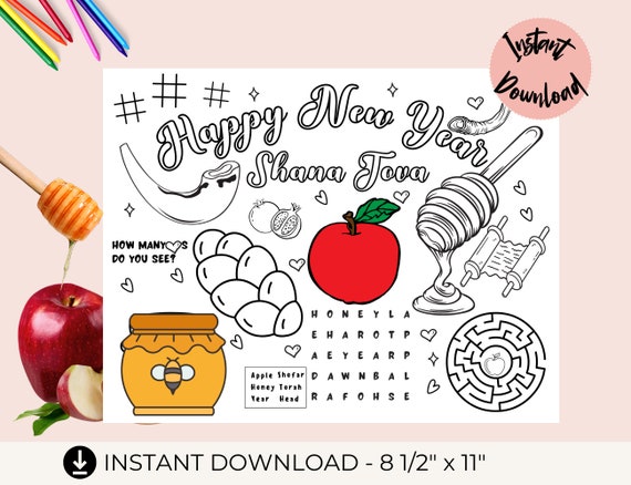 Rosh hashanah coloring placemat jewish coloring activity happy new year shana tova holiday placemat