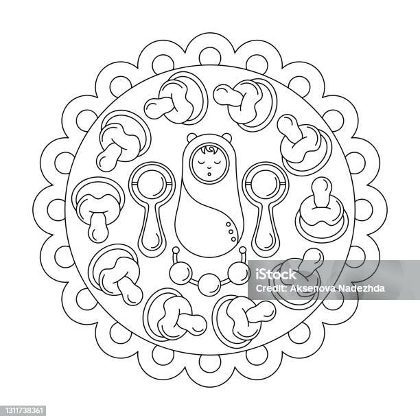 Coloring page mandala baby care accessories baby newborn rattle toy and pacifier round vector illustration stock illustration