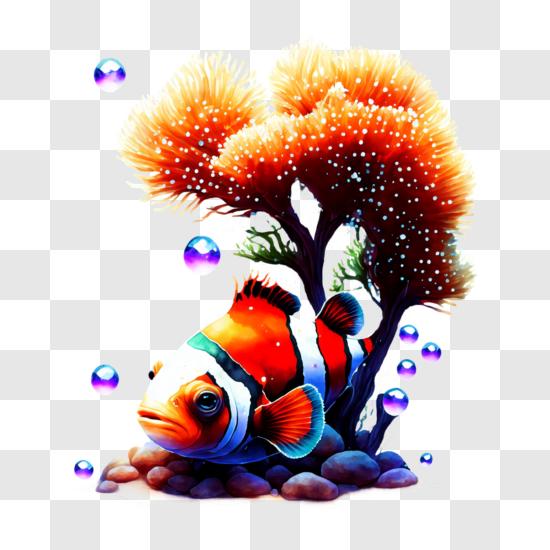 Download colorful fish in coral reef with bubbles png online