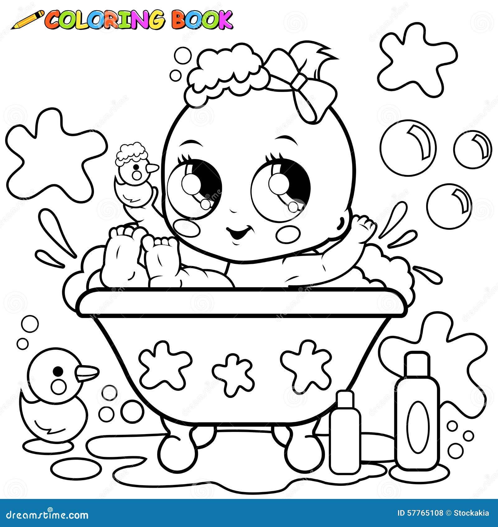 Baby girl in a tub taking a bath vector black and white coloring page stock vector
